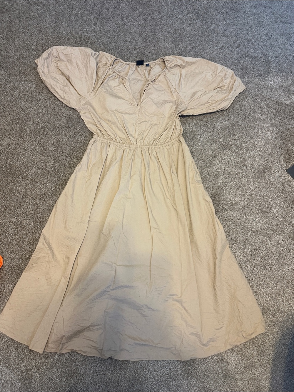 Women's Puff Sleeve Midi Dress in Beige